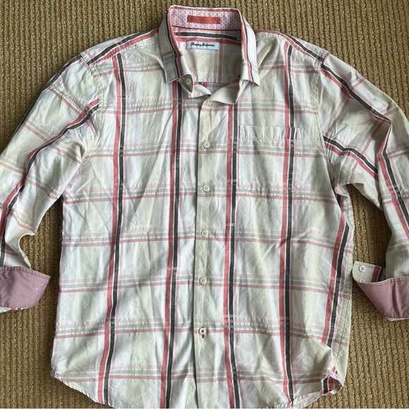 Tommy Bahama Shirt Hideaway Fronds Afterglow Silk Plaid SZ Medium Peach white - Picture 9 of 12